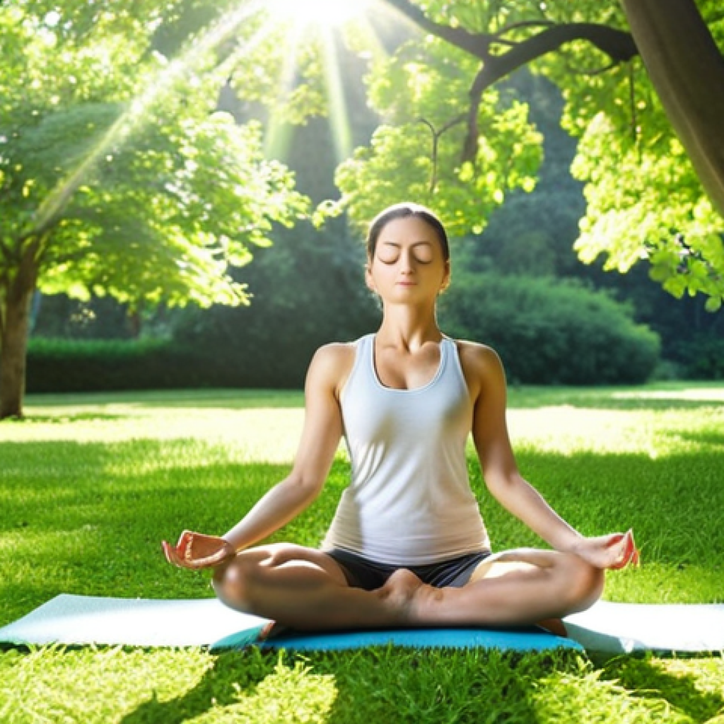 **Prompt:** A serene woman practicing yoga in a lush green park under a clear blue sky, breathing fresh air, with rays of sunlight filtering through the trees. Focus on wellness and healthy lifestyle. Serene, peaceful atmosphere.