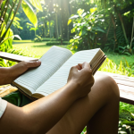 **A person writing in a journal outdoors, surrounded by lush Thai greenery, with sunlight filtering through the leaves. Focus on a sense of peace and reflection.**