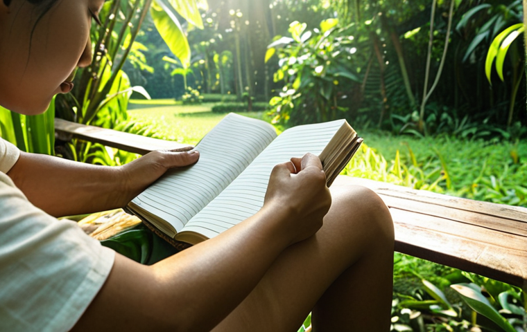 **A person writing in a journal outdoors, surrounded by lush Thai greenery, with sunlight filtering through the leaves. Focus on a sense of peace and reflection.**