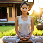 A serene Thai woman meditating in a lush garden at sunrise, wearing comfortable clothing, radiating peacefulness, with the sun gently illuminating her face. The background includes traditional Thai architecture. Focus on holistic health and mindfulness.