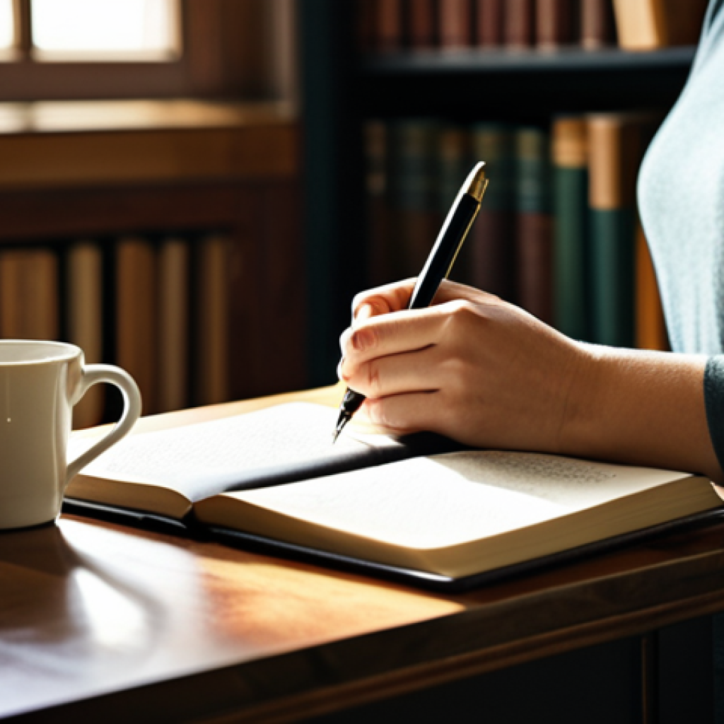 A calm woman in modest, comfortable clothing, sitting at a wooden desk in a sunlit, peaceful study. She is holding a pen and writing in a leather-bound journal, with an open book and a warm cup beside her. The background features blurred bookshelves, creating a serene atmosphere. The scene emphasizes quiet introspection and self-reflection, portraying the power of personal narrative for healing. perfect anatomy, correct proportions, natural pose, well-formed hands, proper finger count, natural body proportions, professional photography, high quality, safe for work, appropriate content, fully clothed, modest, family-friendly.