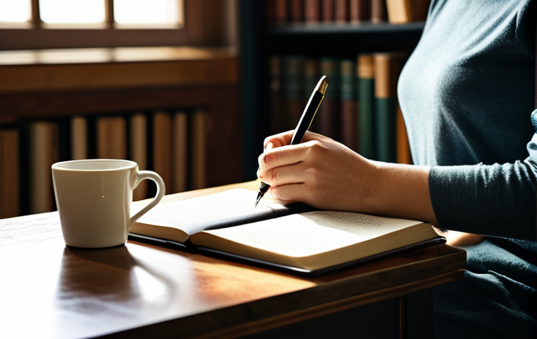 A calm woman in modest, comfortable clothing, sitting at a wooden desk in a sunlit, peaceful study. She is holding a pen and writing in a leather-bound journal, with an open book and a warm cup beside her. The background features blurred bookshelves, creating a serene atmosphere. The scene emphasizes quiet introspection and self-reflection, portraying the power of personal narrative for healing. perfect anatomy, correct proportions, natural pose, well-formed hands, proper finger count, natural body proportions, professional photography, high quality, safe for work, appropriate content, fully clothed, modest, family-friendly.