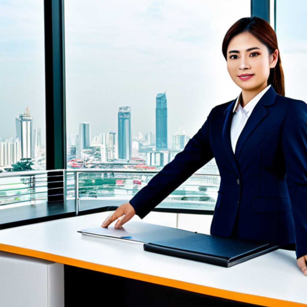 **Image:** A professional Thai businesswoman in a modern office.
**Prompt:** "A confident Thai businesswoman in a modest, well-tailored business suit, working at a sleek desk in a bright, contemporary office with Bangkok city skyline view, fully clothed, appropriate attire, safe for work, perfect anatomy, natural proportions, professional photography, high quality, professional, modest."