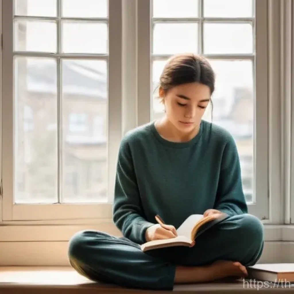 내러티브 건강법과 자기 반성의 중요성 - **Prompt:** "A young adult, gender-neutral, is quietly engrossed in writing in a personal diary, sea...