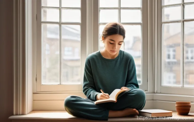 내러티브 건강법과 자기 반성의 중요성 - **Prompt:** "A young adult, gender-neutral, is quietly engrossed in writing in a personal diary, sea...