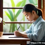 Home 21 내러티브 건강법의 기술적 접근 - A young Thai teenager sitting at a wooden desk in a cozy, sunlit bedroom, writing in a personal heal...