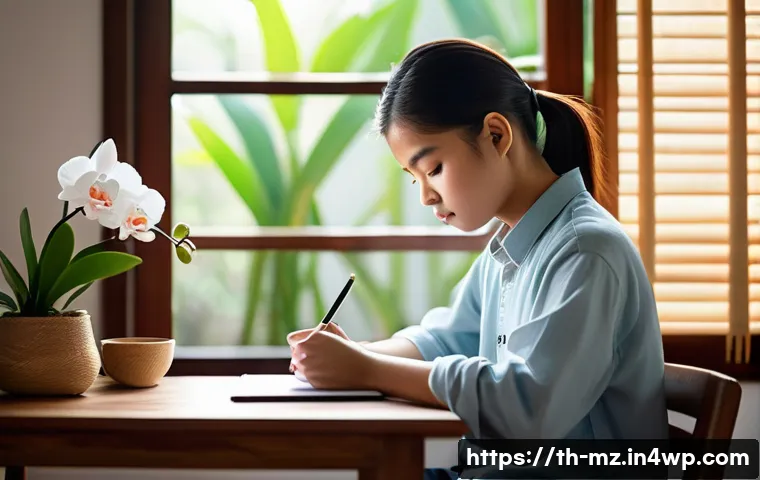 내러티브 건강법의 기술적 접근 - A young Thai teenager sitting at a wooden desk in a cozy, sunlit bedroom, writing in a personal heal...