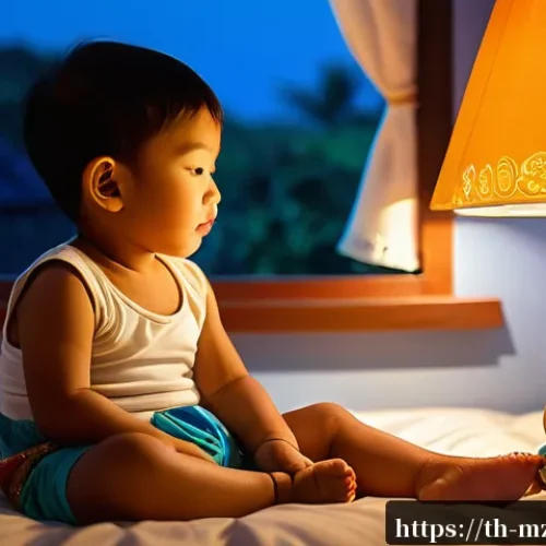 Home 32 내러티브 건강법과 동기부여의 관계 - A cozy, warm bedroom scene at night with a young Thai child wearing a colorful diaper, peacefully li...