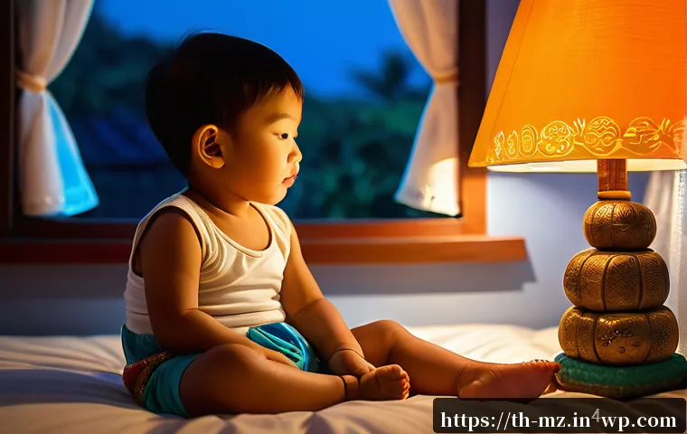 내러티브 건강법과 동기부여의 관계 - A cozy, warm bedroom scene at night with a young Thai child wearing a colorful diaper, peacefully li...