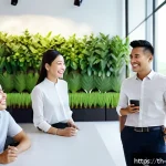 Home 19 내러티브 건강법과 직장 내 스트레스 관리 - A diverse group of Thai office workers in a modern open-plan workspace, casually sharing short perso...