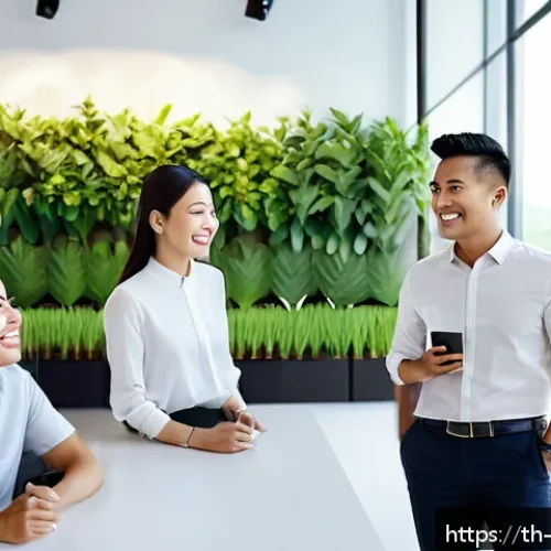 Home 31 내러티브 건강법과 직장 내 스트레스 관리 - A diverse group of Thai office workers in a modern open-plan workspace, casually sharing short perso...