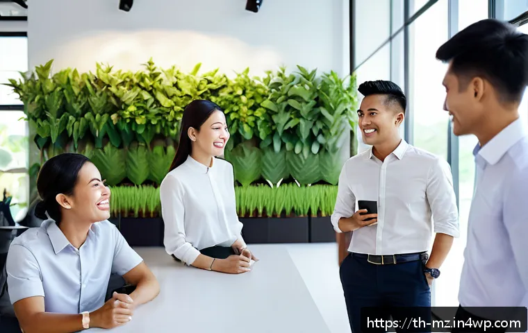 내러티브 건강법과 직장 내 스트레스 관리 - A diverse group of Thai office workers in a modern open-plan workspace, casually sharing short perso...