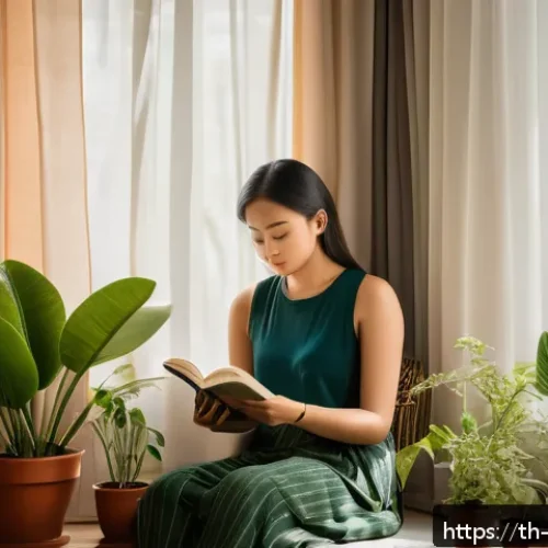 Home 30 내러티브 건강법을 통한 자기 이야기 만들기 - A serene scene of a young Thai woman sitting peacefully in a quiet corner of her modern Bangkok apar...