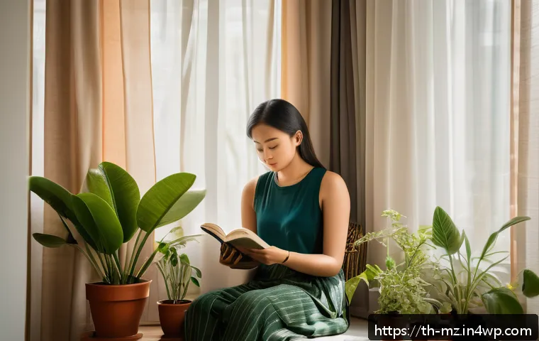 내러티브 건강법을 통한 자기 이야기 만들기 - A serene scene of a young Thai woman sitting peacefully in a quiet corner of her modern Bangkok apar...