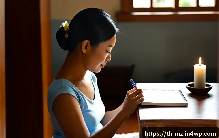 Home 29 내러티브 건강법과 신앙의 역할 - Photorealistic Thai middle-aged woman seated comfortably in a sunlit home living room, gently writin...
